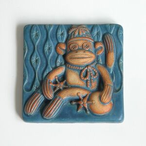 Sock Monkey 6"x6" Stoneware Tile Wall Art